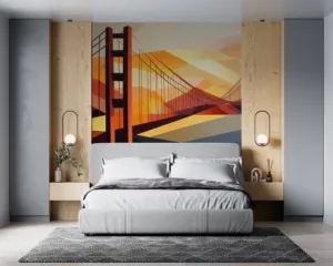 Abstract representation of the Golden Gate Bridge with geometric background.||