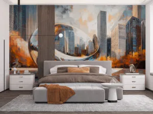 Abstract artwork of Chicago's Cloud Gate with vibrant autumn colors