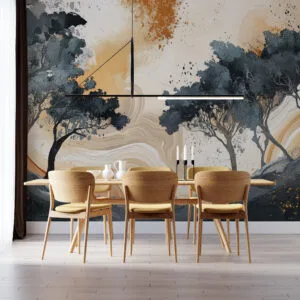 Abstract landscape with stylized trees in gray