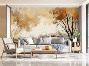 Abstract painting of a natural landscape with flowing lines and stylized trees.||