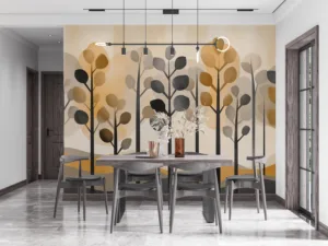 Abstract scene of trees in a serene landscape with earthy colors.||