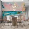 Abstract painting of a serene tropical beach scene with vibrant colors.||