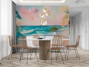 Abstract painting of a serene tropical beach scene with vibrant colors.