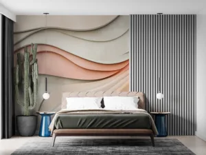 Abstract design with layered wavy shapes in warm neutral colors||