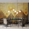Artwork of ancient Mexican pyramids illuminated by a radiant sun||