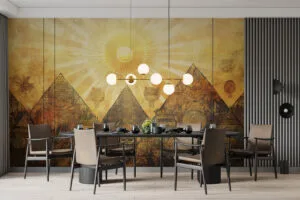 Artwork of ancient Mexican pyramids illuminated by a radiant sun