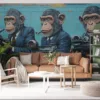 Three anthropomorphic monkeys in suits holding cameras and typewriters in a vibrant urban mural.||