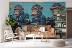 Three anthropomorphic monkeys in suits holding cameras and typewriters in a vibrant urban mural.