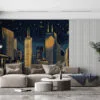 Art Deco city skyline illustration at night with skyscrapers and stars