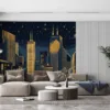 Art Deco city skyline illustration at night with skyscrapers and stars||