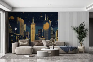 Art Deco city skyline illustration at night with skyscrapers and stars||