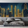Art Deco city skyline illustration at night with illuminated buildings