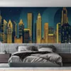 Art Deco city skyline illustration at night with illuminated buildings||