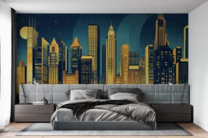 Art Deco city skyline illustration at night with illuminated buildings||