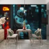 Astronaut in suit at urban bus stop at night with colorful reflections||