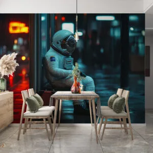 Astronaut in suit at urban bus stop at night with colorful reflections