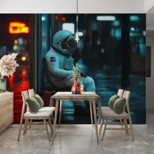 Astronaut in suit at urban bus stop at night with colorful reflections||