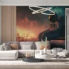 An astronaut sitting on a wooden bench in a surreal cosmic landscape with a starry sky.||