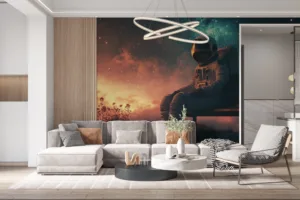 An astronaut sitting on a wooden bench in a surreal cosmic landscape with a starry sky.||