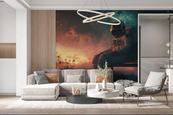An astronaut sitting on a wooden bench in a surreal cosmic landscape with a starry sky.