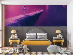 Astronaut standing on a floating rock in space with a colorful planet in the background.||