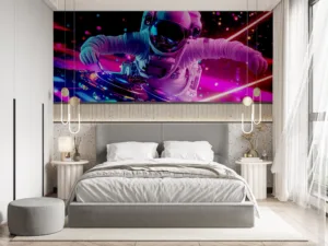 Astronaut DJ in a vibrant cosmic setting with colorful lights||