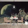An astronaut and a dog sitting on the moon's surface with a starry background.||