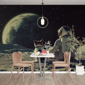 An astronaut and a dog sitting on the moon's surface with a starry background.||