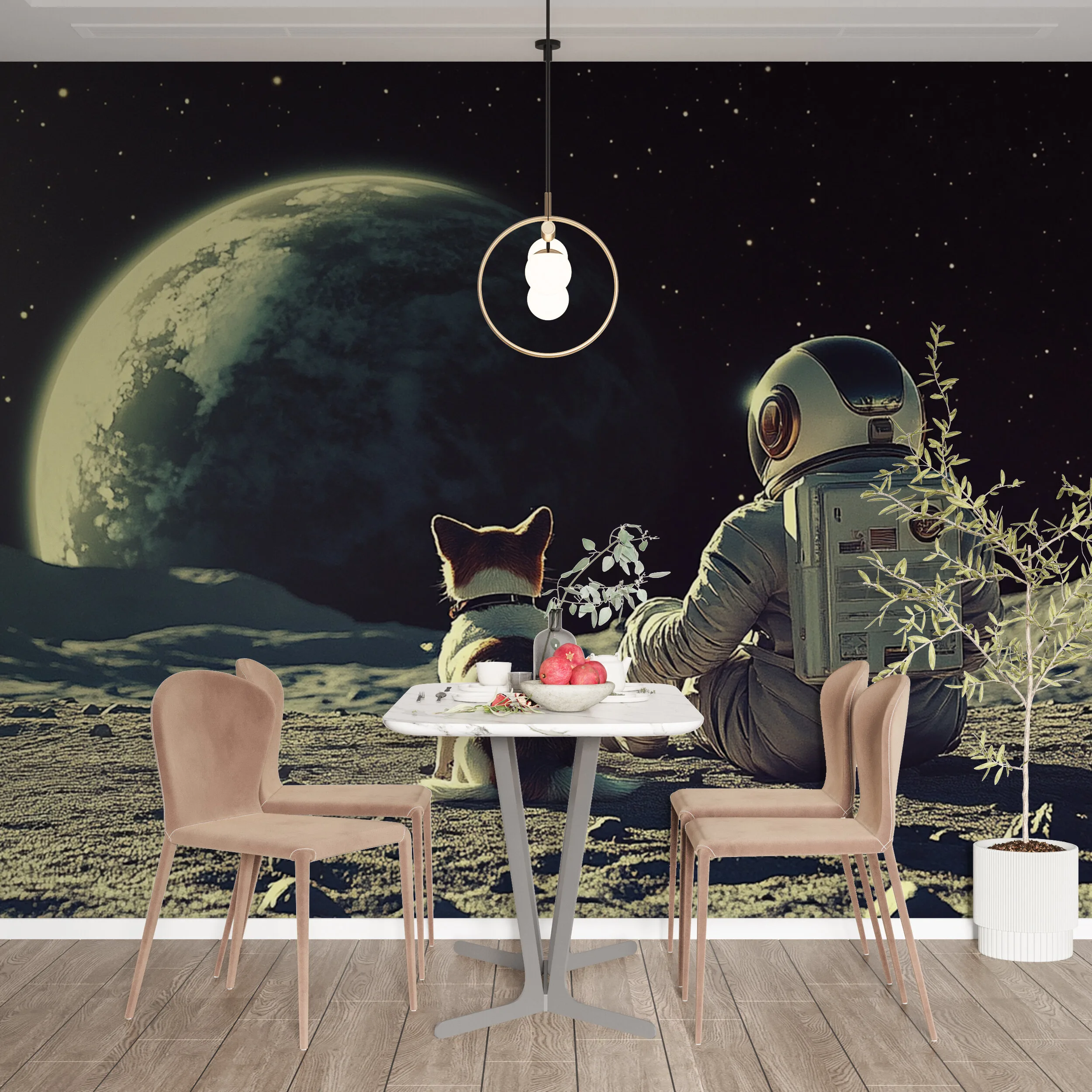 Rendered wallpaper image for Astronaut and Dog on the Moon Wall Mural