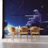 Astronaut fishing in outer space with a starry background