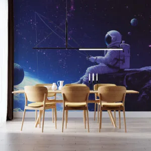 Astronaut fishing in outer space with a starry background