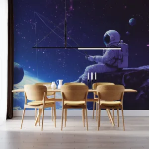 Astronaut fishing in outer space with a starry background||