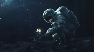 Alternative view of Astronaut Examining a Flower in Space Wall Mural