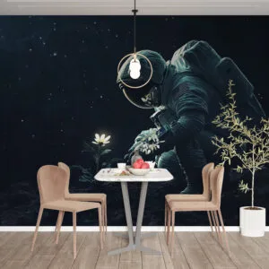 Astronaut examining a white flower in outer space with a starry background.