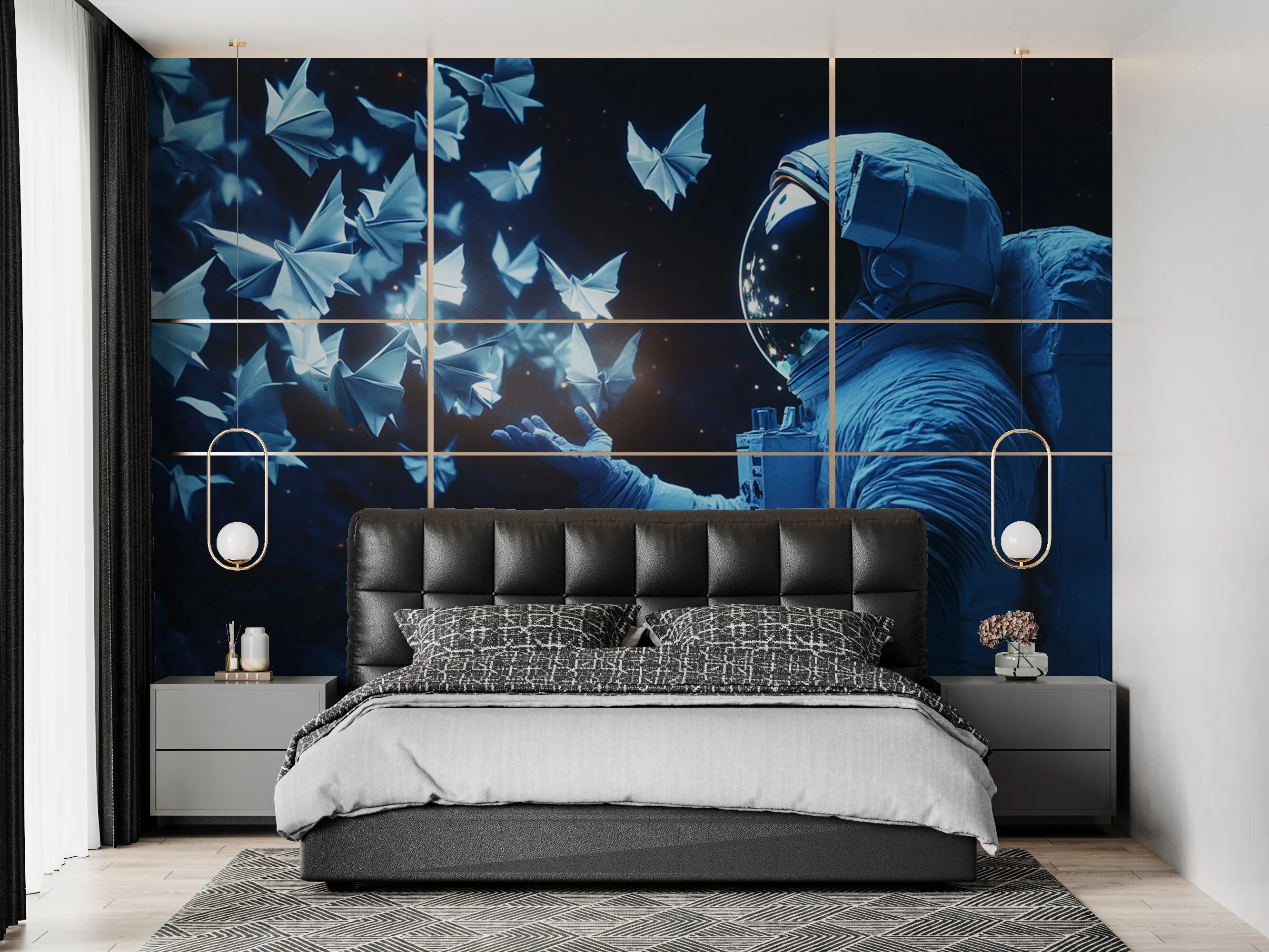 Rendered wallpaper image for Astronaut and Glowing Butterflies in Space Wall Mural