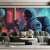 Astronaut sitting at a table in a futuristic space-themed lounge.