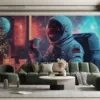 Astronaut sitting at a table in a futuristic space-themed lounge.||