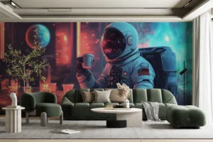 Astronaut sitting at a table in a futuristic space-themed lounge.