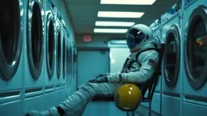 surrounded by washing machines.