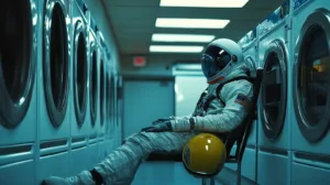 surrounded by washing machines.