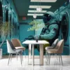 An astronaut sitting in a laundromat|surrounded by washing machines.|