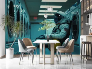 An astronaut sitting in a laundromat|surrounded by washing machines.|