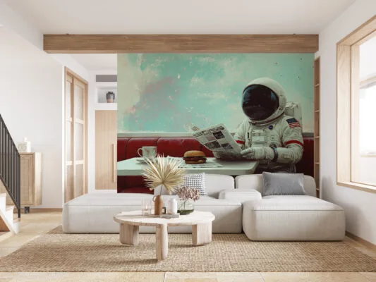 An astronaut in a diner reading a newspaper with coffee and hamburger