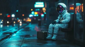 surrounded by neon lights and a suitcase.