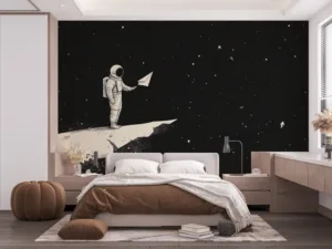 An astronaut holding a paper airplane on a rocky celestial body in space.||