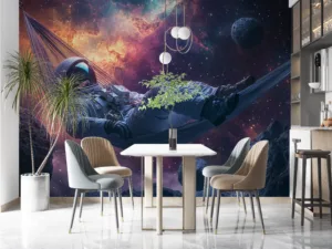 Astronaut relaxing in a hammock against a vibrant cosmic background.||