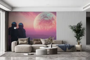Two astronauts standing on a rocky landscape|looking at a vibrant celestial body in the sky.|