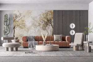 Serene autumn landscape with trees and warm earthy tones.