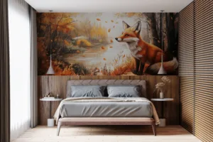 A fox in a serene autumn landscape by a river with colorful foliage.||