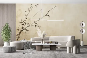Minimalist bamboo branch artwork on textured warm background||